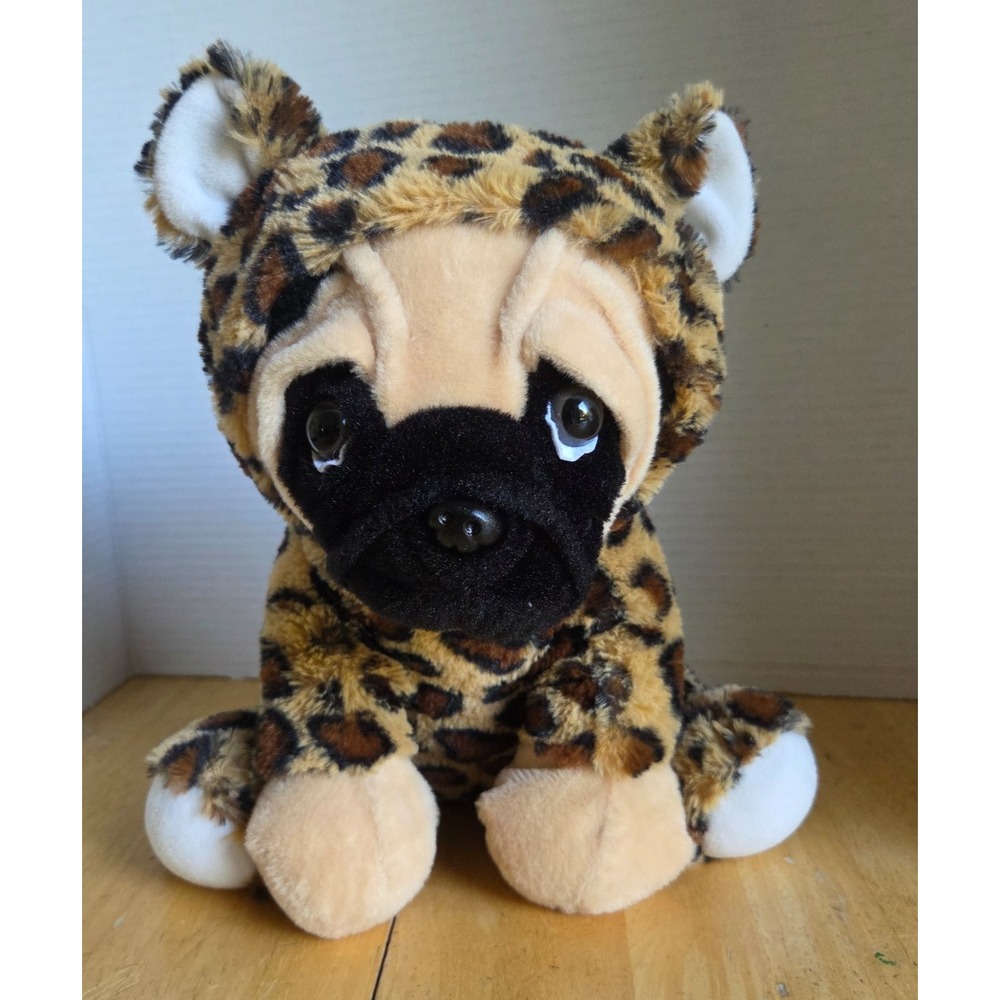 Kellytoy Plush Pug Puppy Dog wearing a Leopard Cheetah Hoodie Costume 2018 11 in